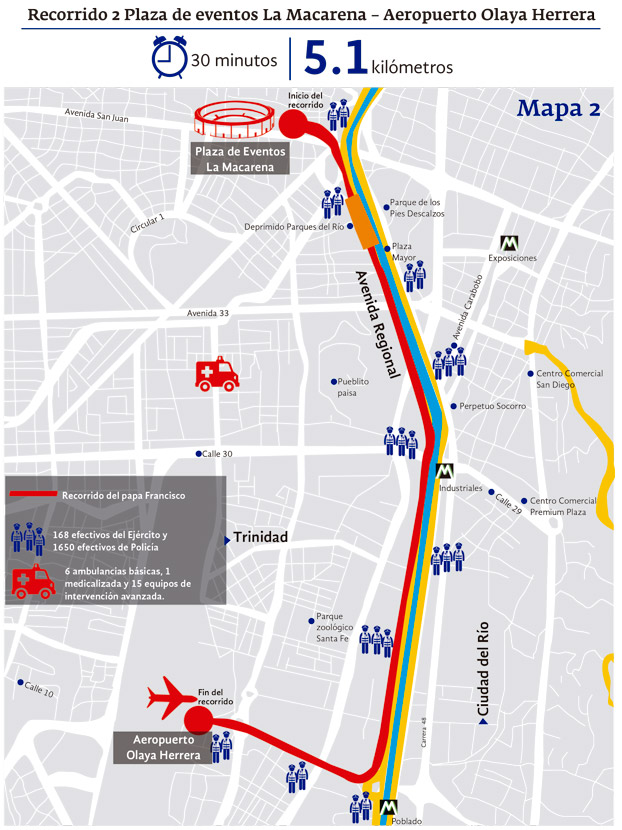 Mapa del recorrido del Papa Francisco en Medellin