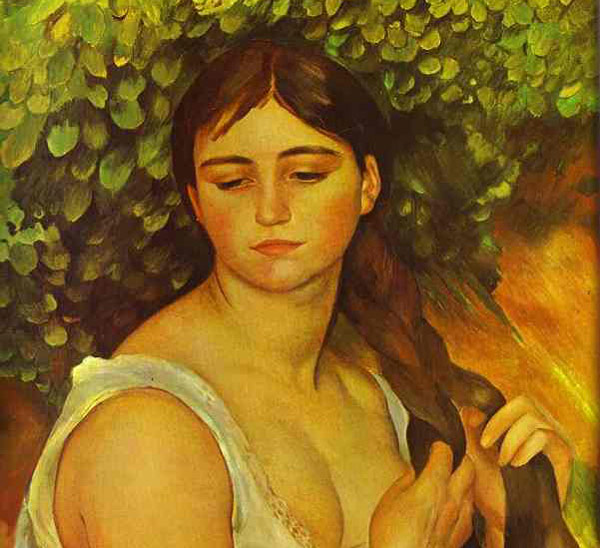 Chica que trenza su pelo Renoir