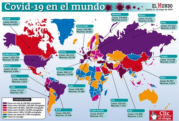 5'138.154 casos y 331.525 muertes acumula hoy el mundo por covid-19